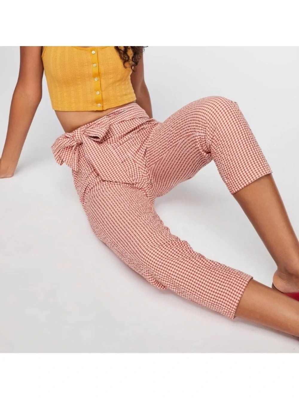 Free People Orange White Gingham Tie Waist Cropped Pants Size 2 Cottagecore